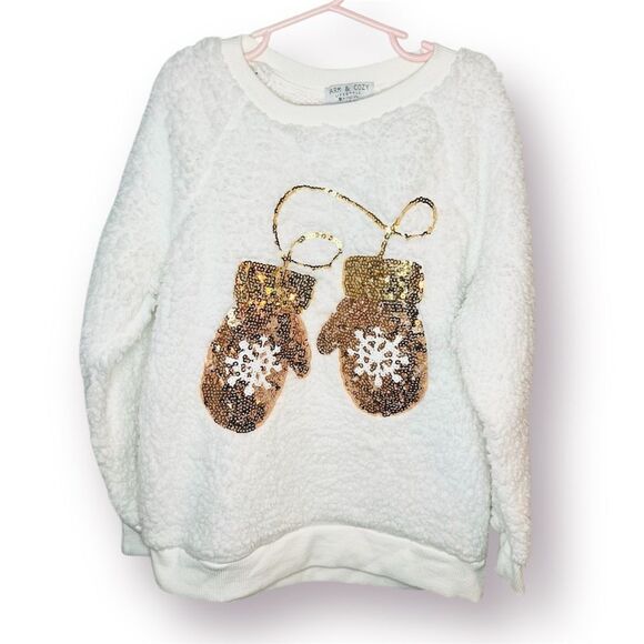 Arm & Cozy by Poof Kids Sherpa Sweatshirt Gold Sequin Mittens Cream Girls L - Picture 1 of 9